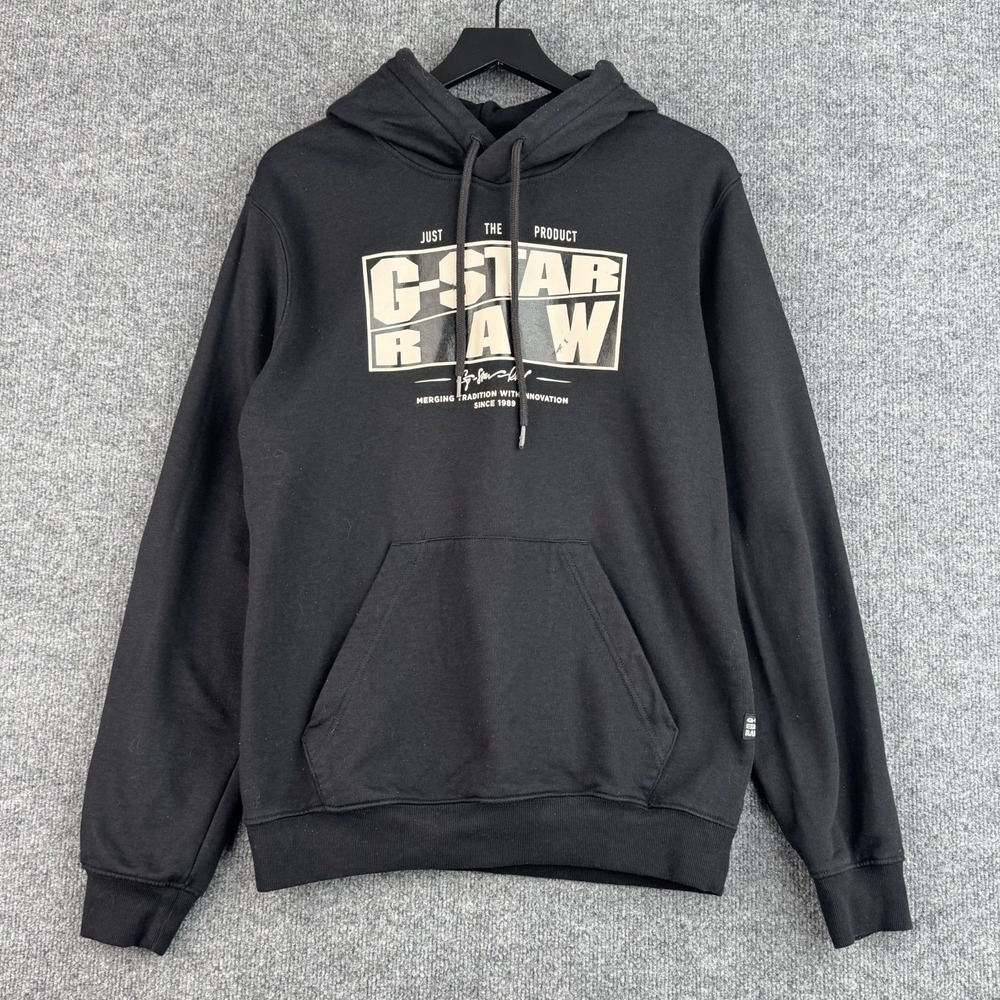 G-Star Raw Hoodie Mens M Black Logo Graphic Pullover Sweatshirt Streetwear
